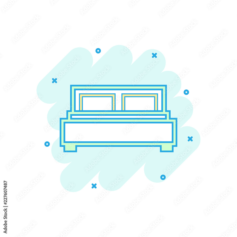 Vector cartoon bed icon in comic style. Bedroom sign illustration pictogram. Bed business splash effect concept. Vector cartoon bed icon in comic style. Bedroom sign illustration pictogram. Bed business splash effect concept.