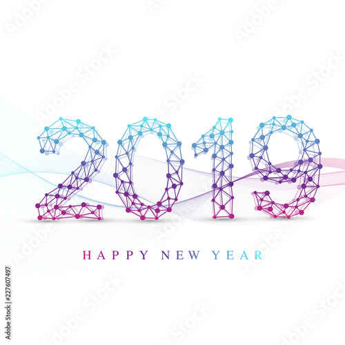 Text design Christmas and Happy new year 2019. Graphic background communication. Connected lines with dots. Design element for presentations, postcards, flyers, leaflets and posters, illustration.