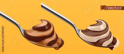 Spoon with chocolate and caramel. 3d vector realistic icon