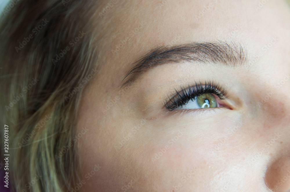 Fototapeta premium Eyelash extension procedure. Young beautiful woman eye with long false eyelashes. Close up macro shot of fashion eyes in beauty salon.