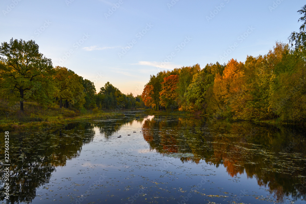 Fototapeta premium Beautiful autumn landscape. Lake, yellow and red trees by the lake. Reflection in water. Blue sky. Sunny autumn day