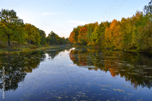 Beautiful autumn landscape. Lake, yellow and red trees by the lake. Reflection in water. Blue sky. Sunny autumn day