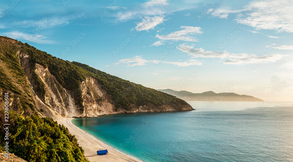 Kefalonia island most picturesque beach - Myrthos. Shoot at golden hour of sunset. Ionian islands, Greece.
