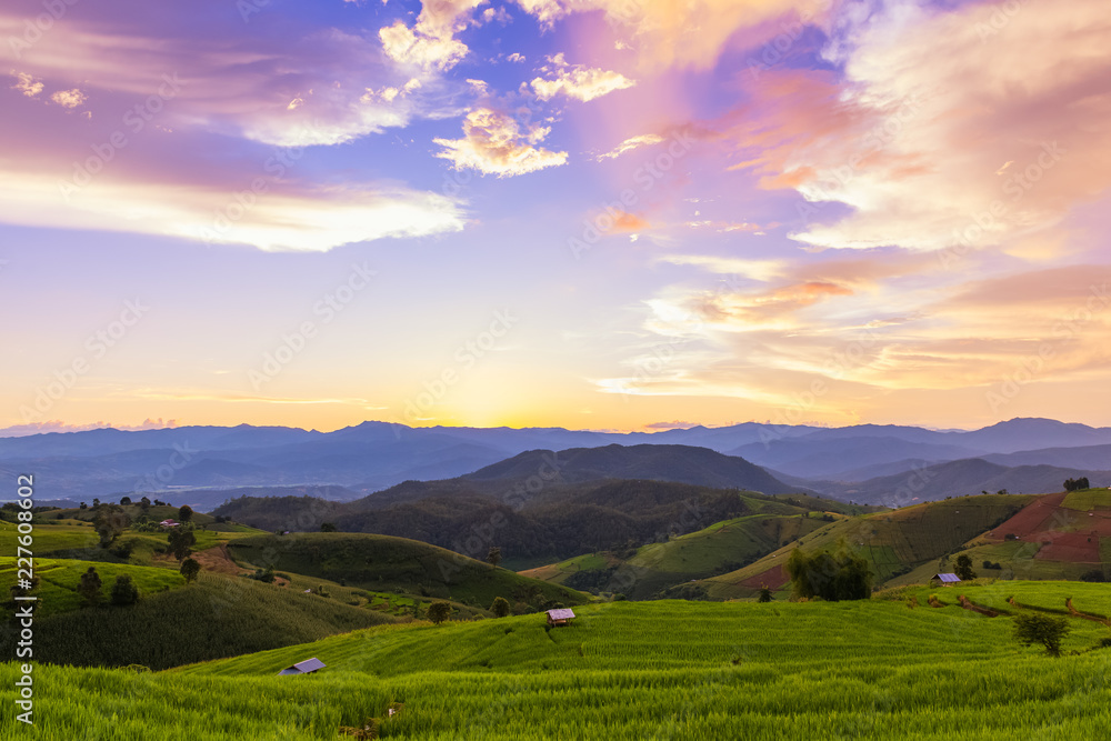Fototapeta premium Small house and rice terraces field at pabongpaing village rice terraces Mae-Jam Chiang mai, Thailand