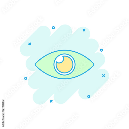 Vector cartoon eye icon in comic style. Eyeball look sign illustration pictogram. Eye business splash effect concept.