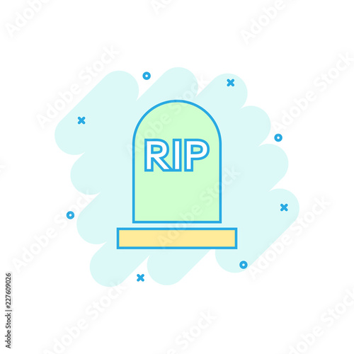 Vector cartoon halloween grave icon in comic style. Gravestone sign illustration pictogram. Rip business splash effect concept.