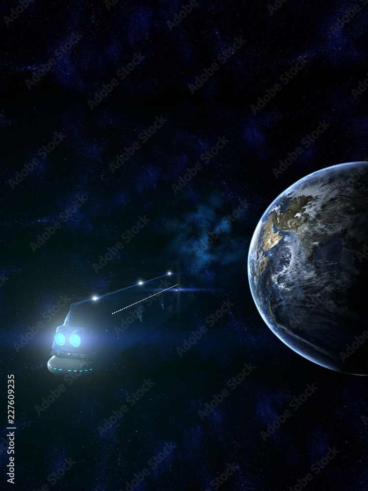 Naklejka premium Space Ship Passenger Liner Reaching Earth 3d Illustration