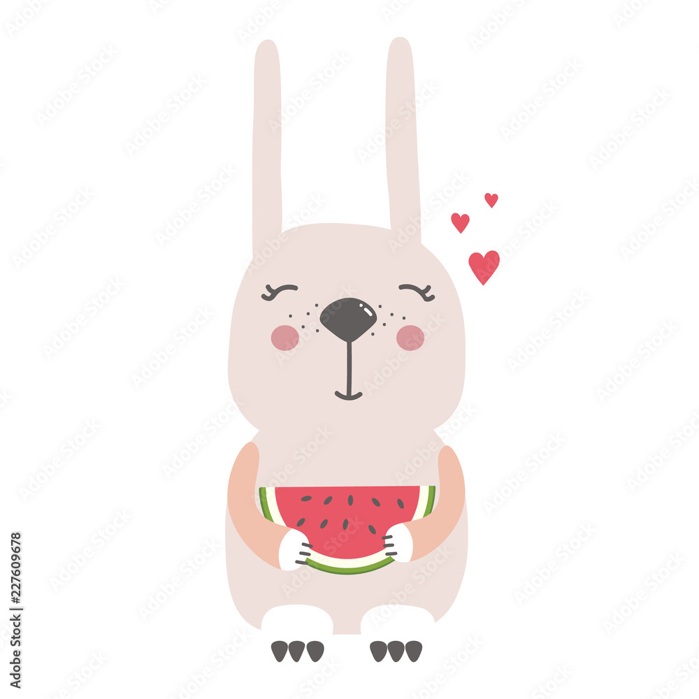 Hand drawn illustration with happy rabbit, watermelon, hearts. Colorful cute background vector. Poster design. Decorative backdrop with english text, animal. Funny card, phrase Hand drawn illustration with happy rabbit, watermelon, hearts. Colorful cute background vector. Poster design. Decorative backdrop with english text, animal. Funny card, phrase