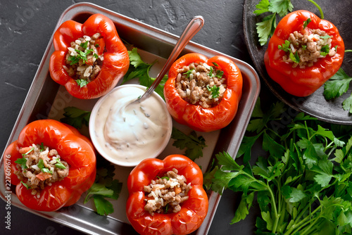 Stuffed red peppers with minced meat, rice, onion
