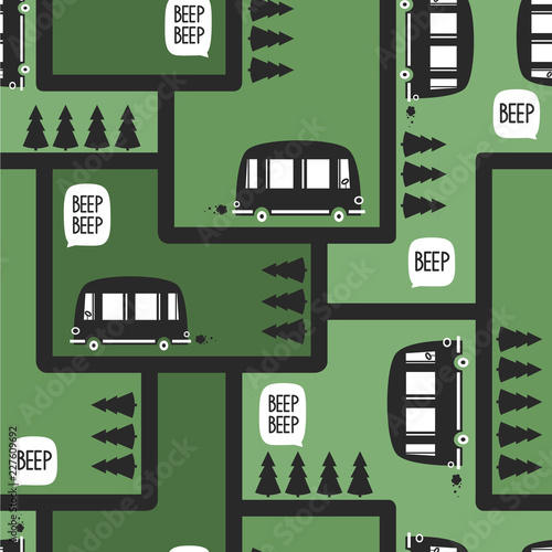 Buses, fir trees, hand drawn backdrop. Colorful seamless pattern with transport. Decorative cute wallpaper, good for printing. Overlapping colored background vector