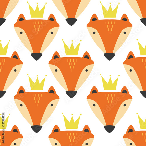 Muzzle of foxes, crowns, hand drawn backdrop. Colorful seamless pattern with muzzles of animals. Cute wallpaper, good for printing. Overlapping background vector. Design illustration