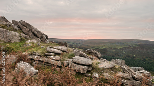 Stunning Autumn sunset landscape image of view from Leather Tor towards Burrator Reservoir in Dartmoor National Park © veneratio