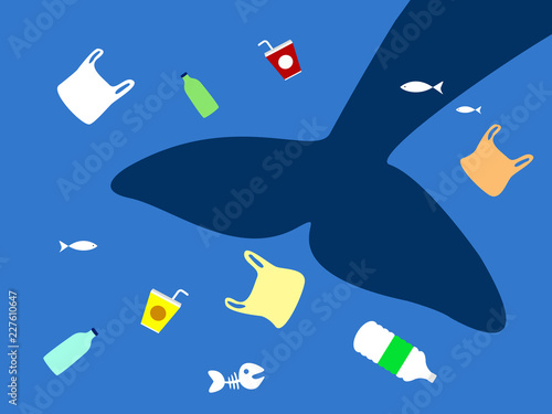 whale with plastic pollution on sea. stop ocean plastic pollution concept. vector illustration.