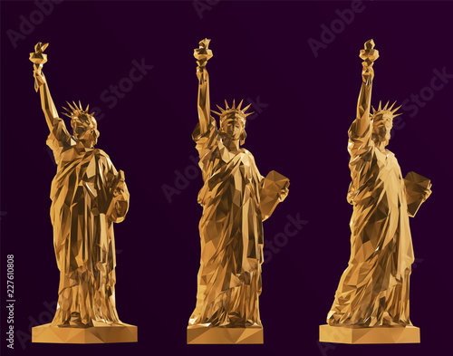 Gold Statue of Liberty Set, New York landmark, American symbol Vector 3D Rendering