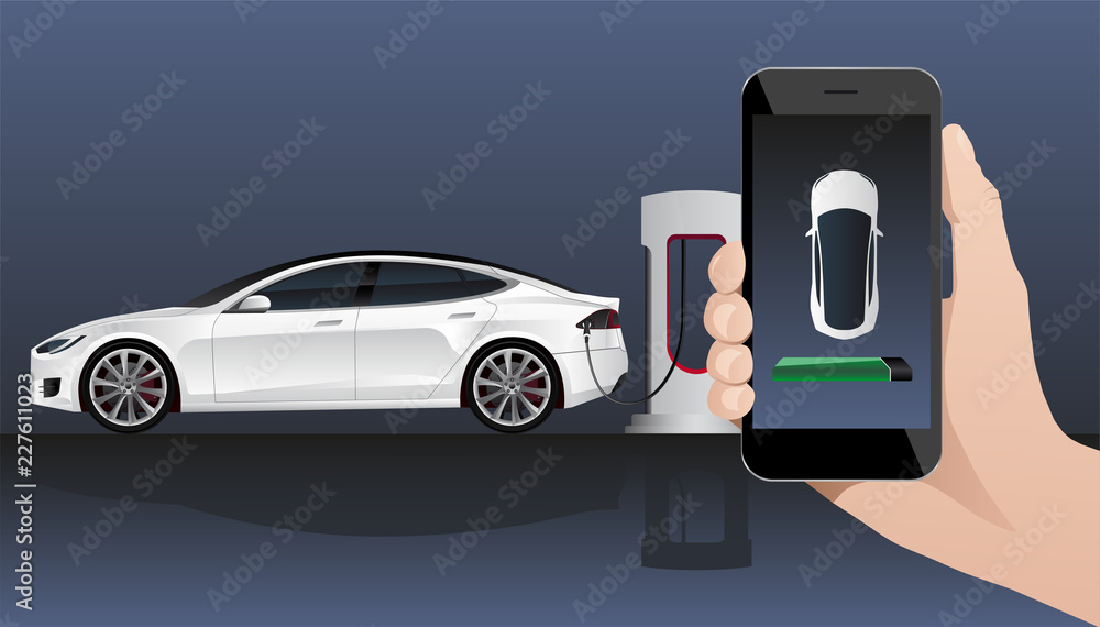 Hand with phone on a background of electric car charging point. On a divice screen indicator of power reserve. Vector illustration