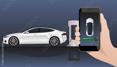 Hand with phone on a background of electric car charging point. On a divice screen indicator of power reserve. Vector illustration