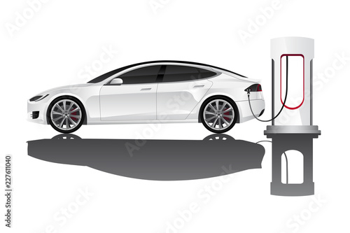 Electric car with charging station. Vector illustration EPS 10