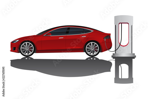 Electric car with charging station. Vector illustration EPS 10