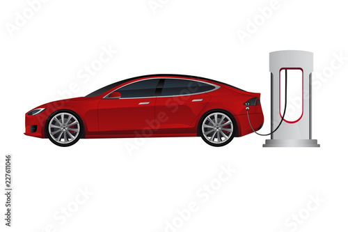 Electric car with charging station. Vector illustration EPS 10