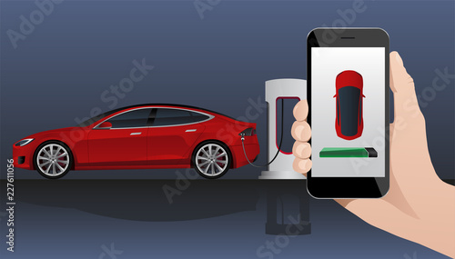 Hand with phone on a background of electric car charging point. On a divice screen indicator of power reserve. Vector illustration
