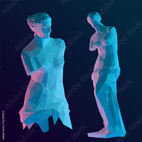 Modern Venus Sculpture Set on Dark Background. Roman Goddess of Love. Isolated Vector Illustration. Low Poly 3D Rendering