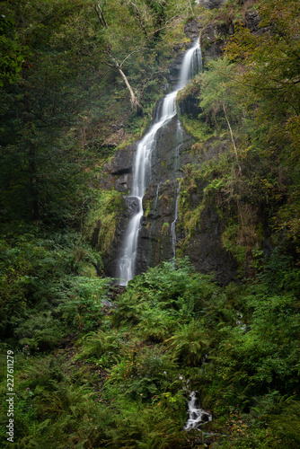 Beautiful tall waterfall flowing over lush green landscape foliage in early Autumn