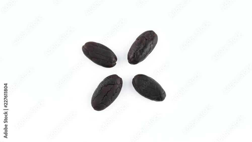 Top view from above of four roasted cacao fruit beans. Rotating on the turntable isolated on the white background. Close-up. Macro. Top view from above of four roasted cacao fruit beans. Rotating on the turntable isolated on the white background. Close-up. Macro.