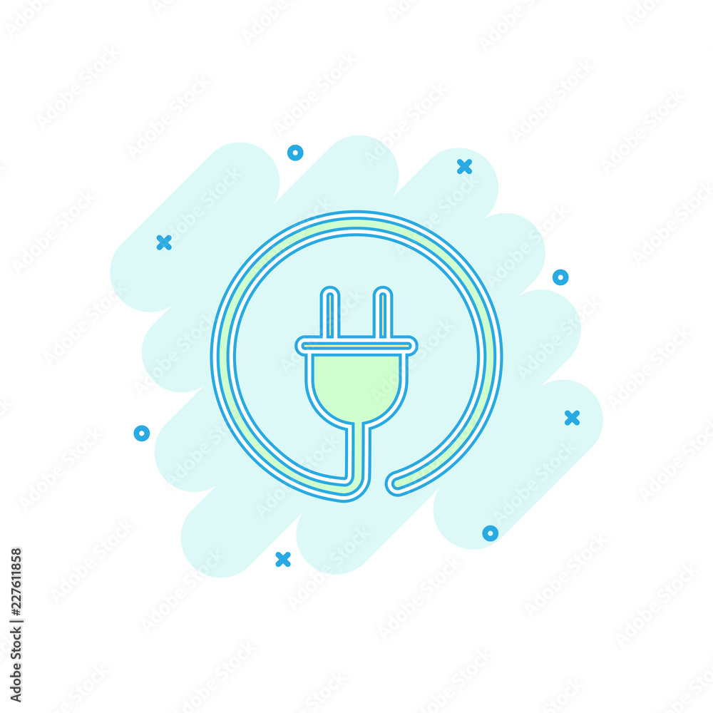 Vector cartoon electric plug icon in comic style. Power wire cable sign illustration pictogram. Wire business splash effect concept. Vector cartoon electric plug icon in comic style. Power wire cable sign illustration pictogram. Wire business splash effect concept.