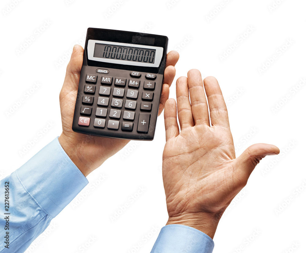 Men's hands in shirt holding calculator isolated on white background. Close up. High resolution product Men's hands in shirt holding calculator isolated on white background. Close up. High resolution product