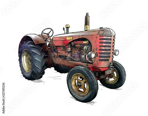 Old red tractor illustration in cartoon or comic style. Tractor was made in Scotland, United Kingdom in between 1954 - 1958 or 50's.