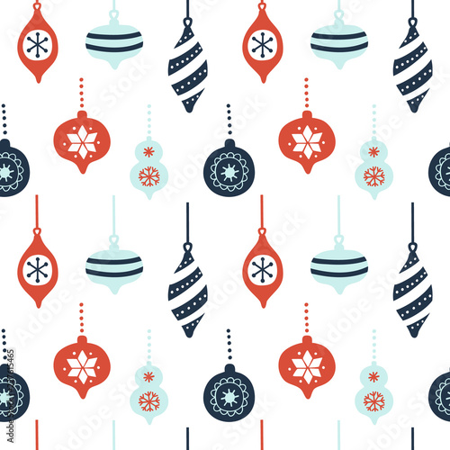 Hand drawn seamless pattern with cute christmas tree decorations. Repetitive christmas baubles wallpaper. Vector design template .