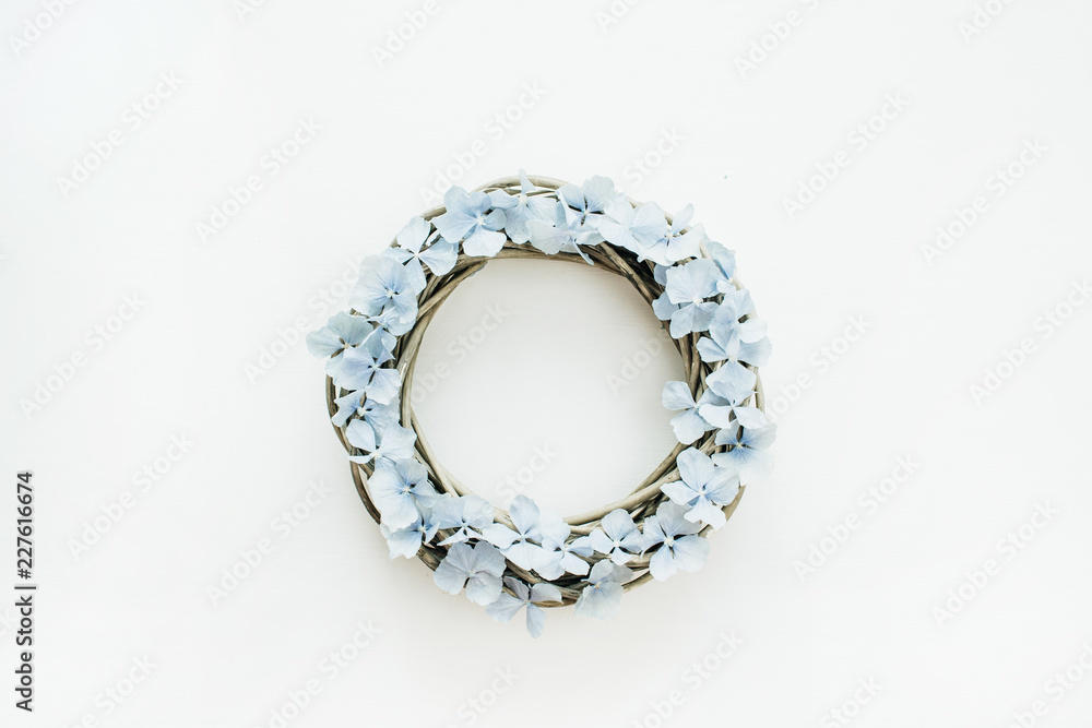 Round wreath frame of hydrangea flower petals. Flat lay, top view mock up. Round wreath frame of hydrangea flower petals. Flat lay, top view mock up.