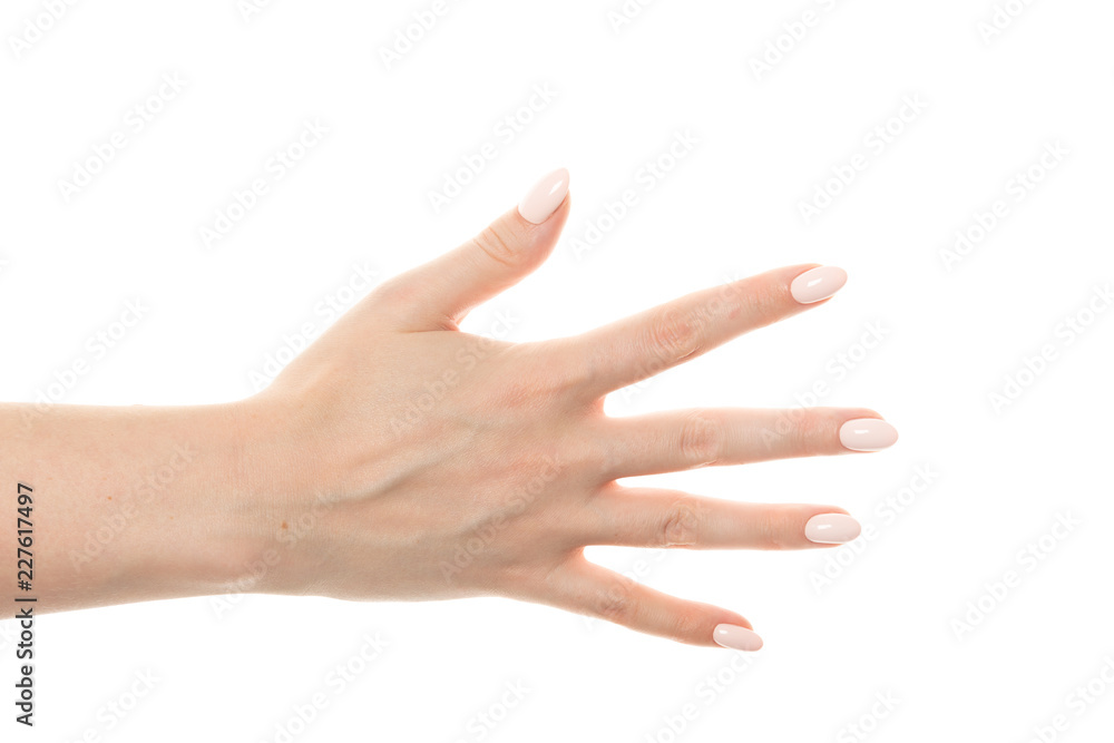 female hand showing the gesture with five fingers