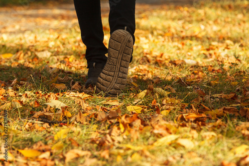 Walking on the autumn lawn girl in sneakers. Feet close up. Close-up shoes. Black shoes. Footsteps on grass.