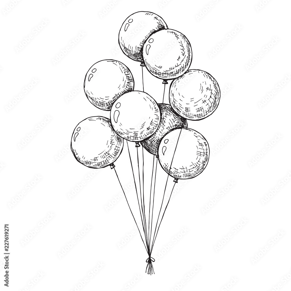 Group of balloons on a string. Hand drawn, isolated on a white b Stock  Vector