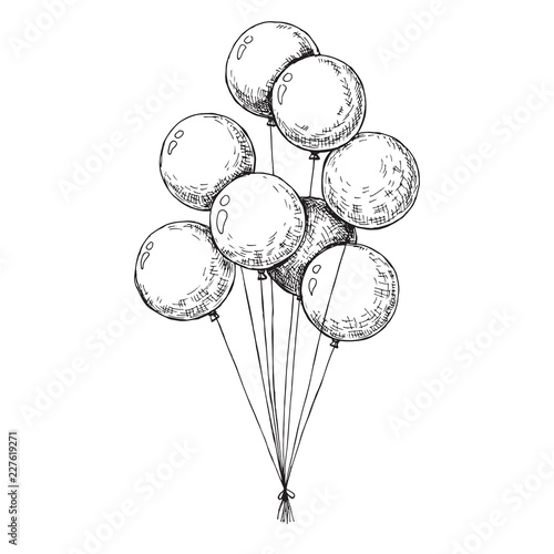 Group of balloons on a string. Hand drawn, isolated on a white b