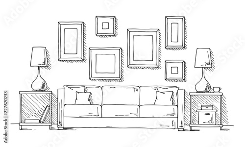 Linear sketch of an interior. Hand drawn vector illustration of a sketch style.