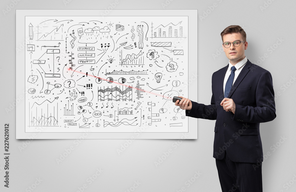 Professor with laser pointer teaching business theories Professor with laser pointer teaching business theories