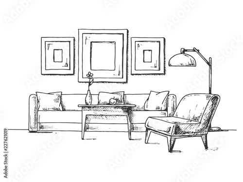 Sketch of the interior. Sofa, armchair, coffee table and other interior elements. Vector