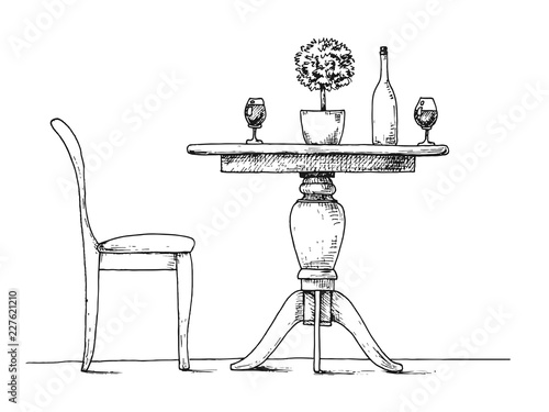 Part of the dining room. Round table and chairs.On the table vase of flowers. Hand drawn sketch.Vector illustration