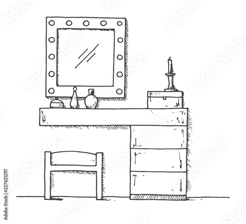 Dressing table in sketch style. Vector illustration is hand drawn.