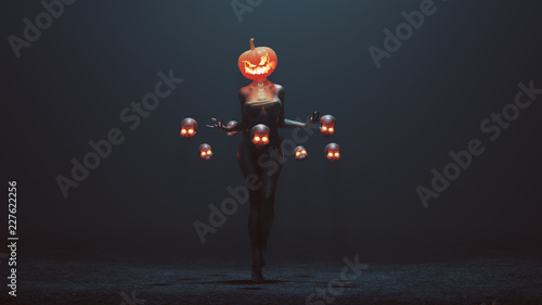 Sexy Pumpkin Head Devil Woman with Floating Skulls in a foggy void 3d Illustration 3d render