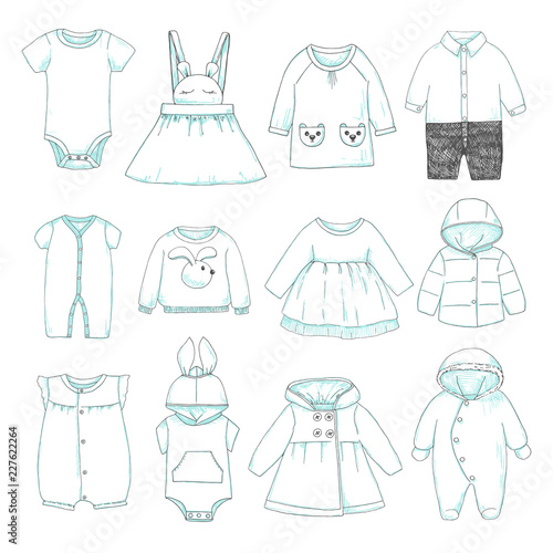 Set of different children's clothing. Can be used as clothes for paper dolls. Vector illustration in sketch style.