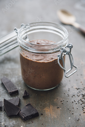 Food: Chocolate Pudding with coconut milk and chia seeds, vegan photo