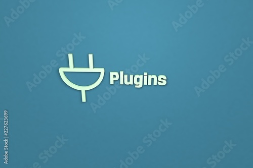 3D illustration of Plugins, light green color and light green text with blue background.