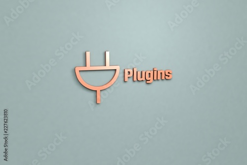 3D illustration of Plugins, red color and red text with grey background.