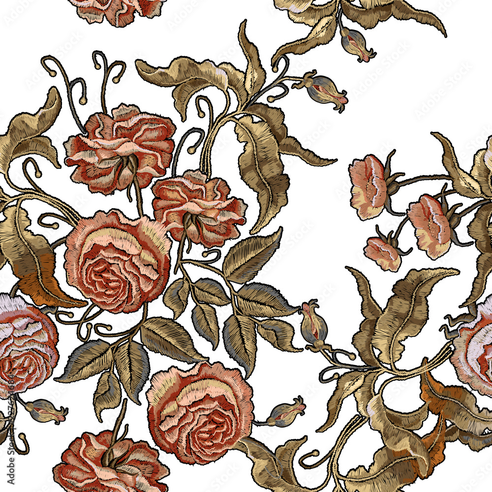 Rose Buds Embroidery Seamless Pattern Fashionable Template For