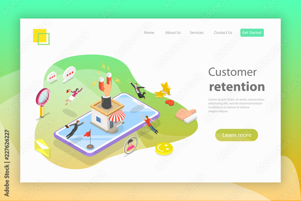 Flat isometric vector landing page header for retention strategy, attracting customer, client support. Flat isometric vector landing page header for retention strategy, attracting customer, client support.