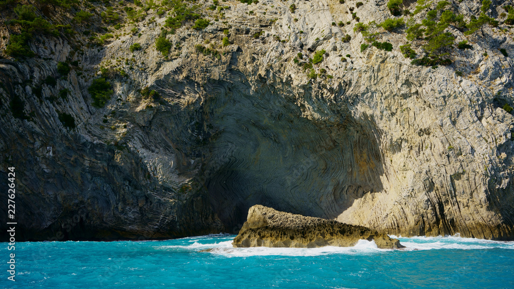 Rock formations and turquoise waters of the Mediterranean Sea, Mallorca north coast, Balearic Islands, Spain.