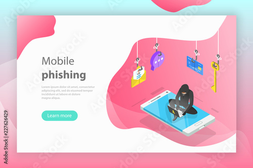 Isometric flat vector concept of phishing, computer virus, hacking, cyber attack.